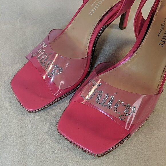 Juicy Couture Hot Pink Rhinestone Heels Clear 3" Heel Slingback Size 8 Logo Gems - Picture 2 of 16